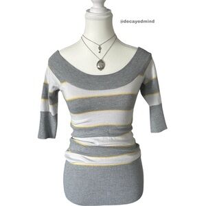 Y2K “SWS” Grey & Yellow Stripe Knit Off the Shoulder Quarter Sleeve Top